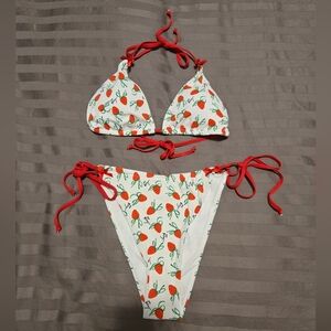 Betsey Johnson Red and White Strawberry Print Bikini Swimwear. Size L.